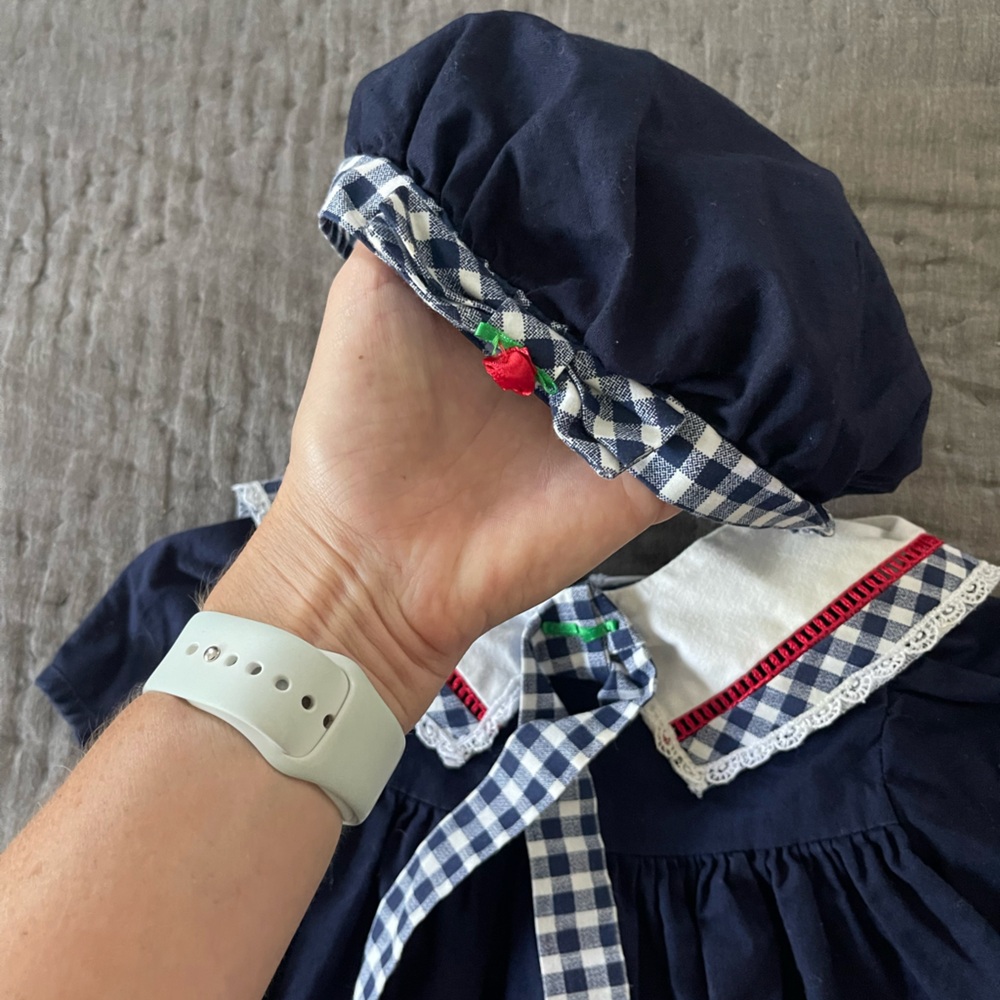 Vintage Navy White Dress & Cap Matching Set Rosettes 2T Cotton Gingham Collar - Picture 4 of 12